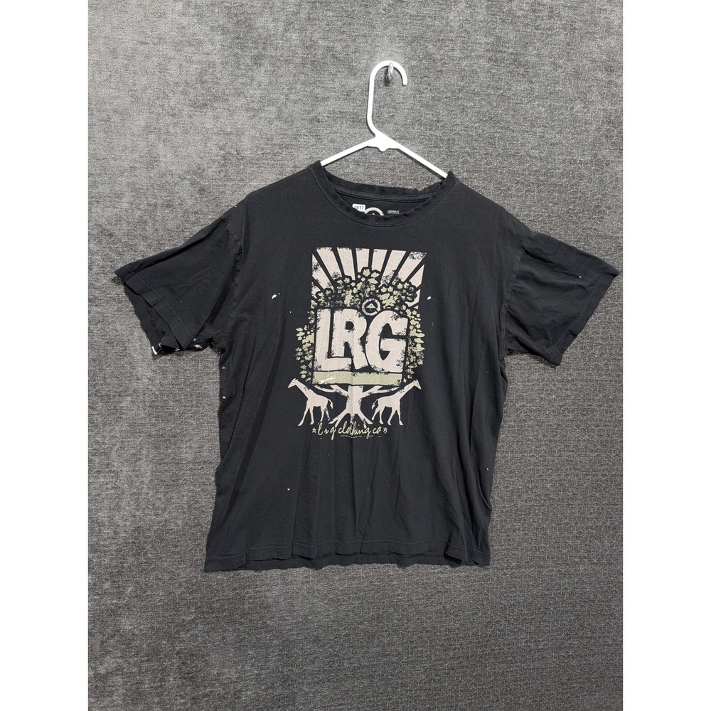 LRG Lifted Research Group Mens Black Graphic Tee Giraffe Print Distressed Large